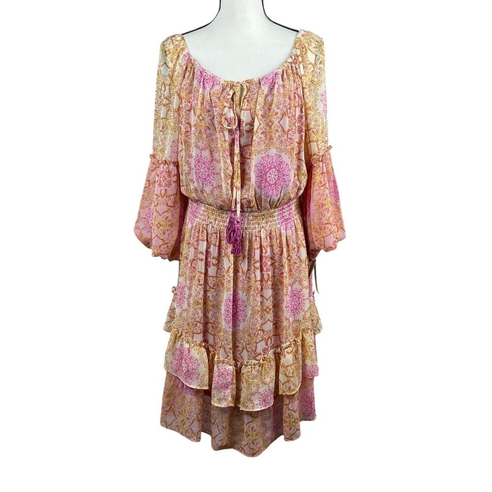 Taylor Women's Tiered Dress 16W Geometric 3/4 Sleeve Tassel Tie Ruffle Hem Boho
